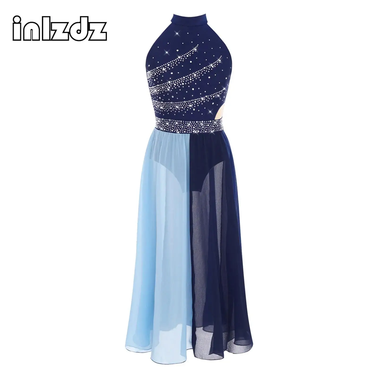 

Children Girls Sleeveless Modern Lyrical Dance Costume Rhinestones Color Block Side Split Chiffon Dress Skating Dance Clothes