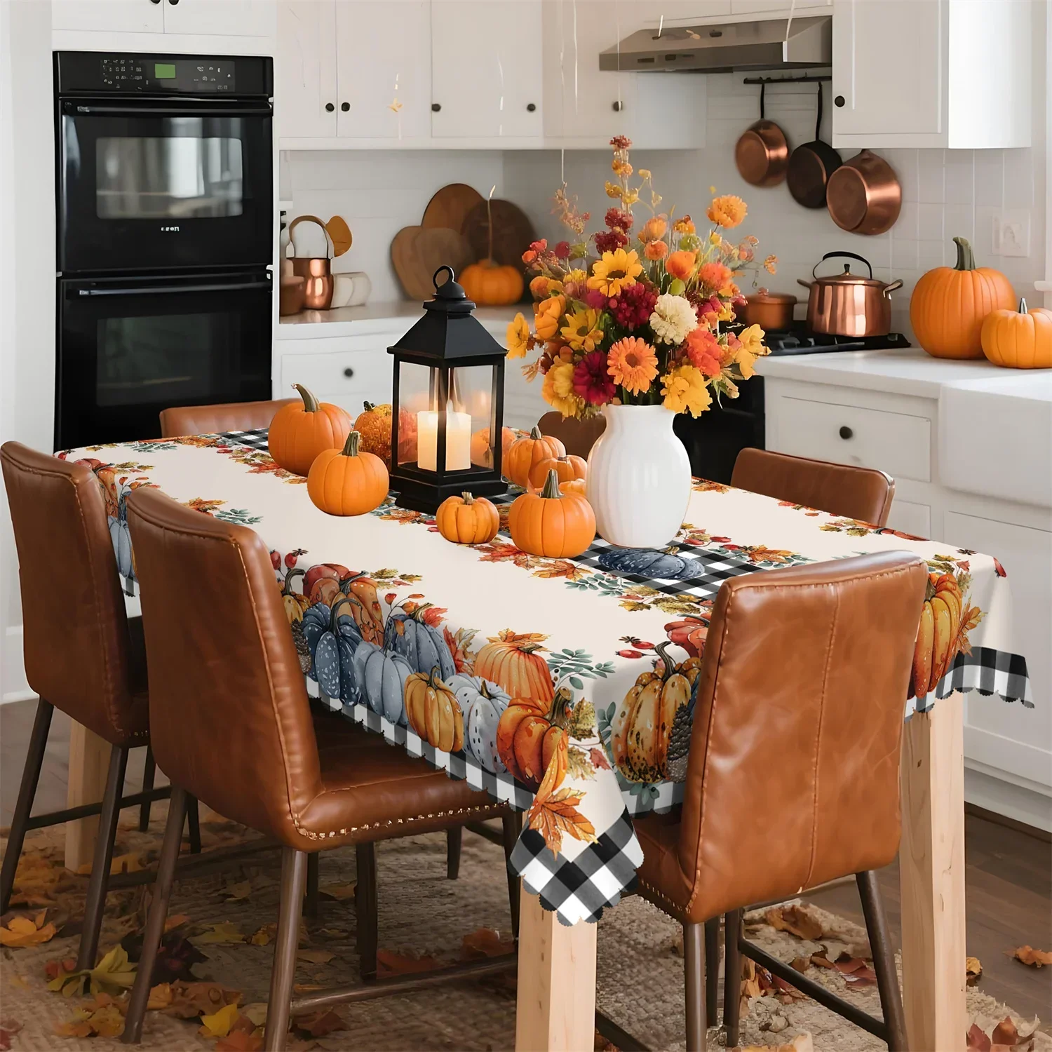 Buffalo Gourd Pumpkin Leaves Pinecone Berries Autumn Tablecloth (1 pack) Suitable for Thanksgivingxzj