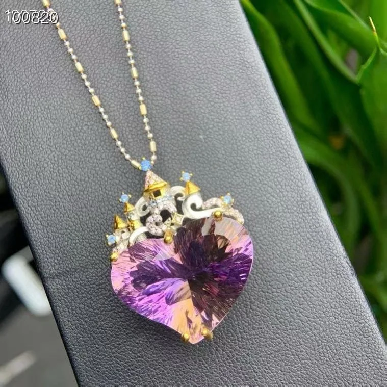 Natural Ametrine Heart Castle Pendant, 925 Silver Two-Tone Handmade 20x26mm, Crystal Jewelry Gift for Women