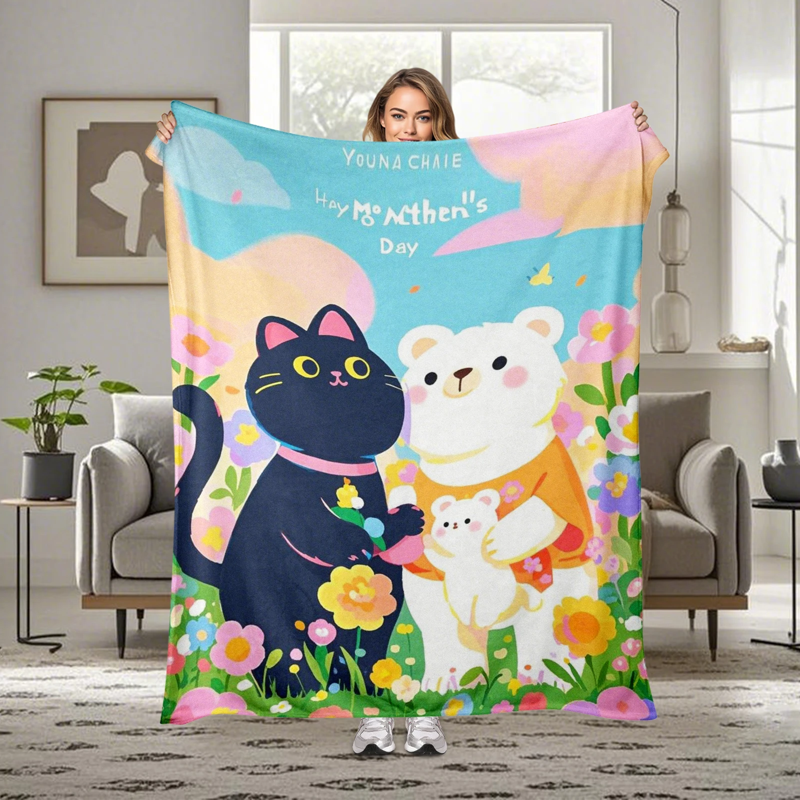 

Cozy Mother'S Day Flannel Blanket With Cartoon Cat And Flowers, Soft And Perfect For Family Gatherings