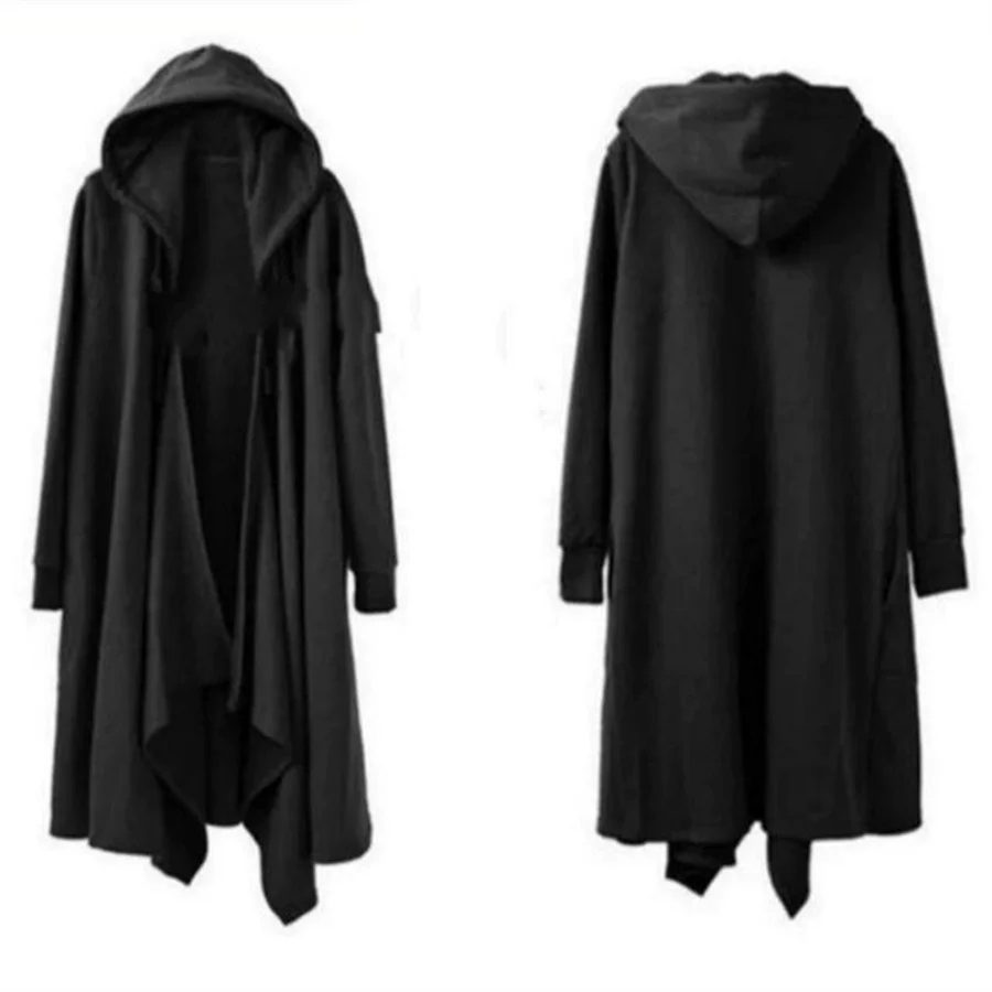 2026 New Spring Men Punk Hip Hop Long Trench Coat Hooded Cloak Men's Black Techwear Cardigan Jacket Overcoat Plus Size 6XL