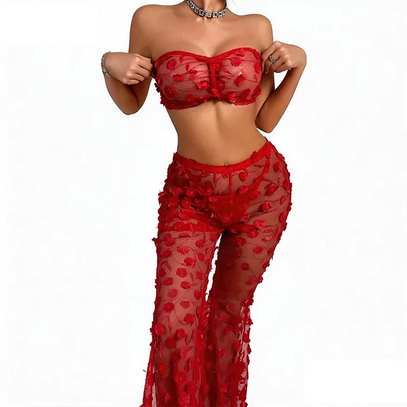

Red Erotic Sexy Lingerie Sets for Women Elegant 3PC Pants Strapless Bra 3D Floral Underwear See Through Clubwear Erotic Costumes