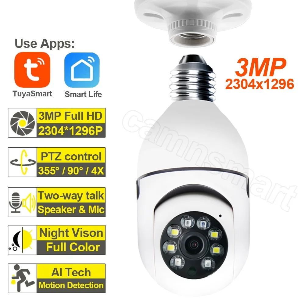 Top 3mp Tuya Wifi E27 PTZ Lamp Ip Camera Full HD Video Surveillance Baby Monitor Indoor Use Remote Control by IOS Android Phone