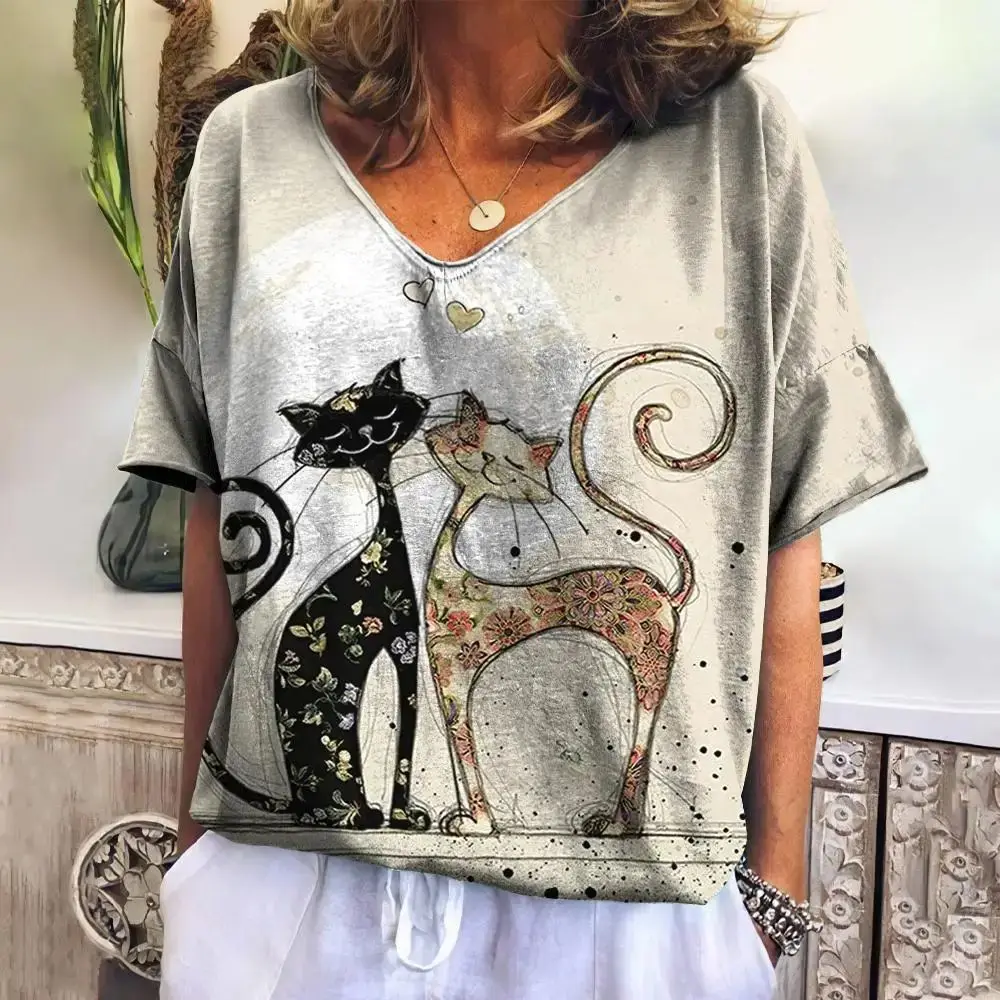 Maglietta da donna pittura Cat Print abbigliamento scollo a v manica corta Streetwear oversize Daily Casual Basics top Tee Shirt