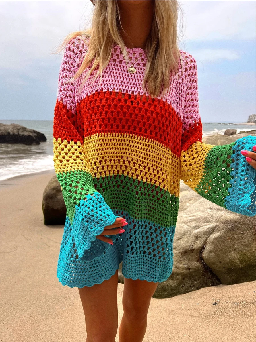 Women Long Sleeve Crochet Knit Mini Dress Colorful Bikini Cover Ups Dress Sexy Hollow Out Beach Tunic Dress