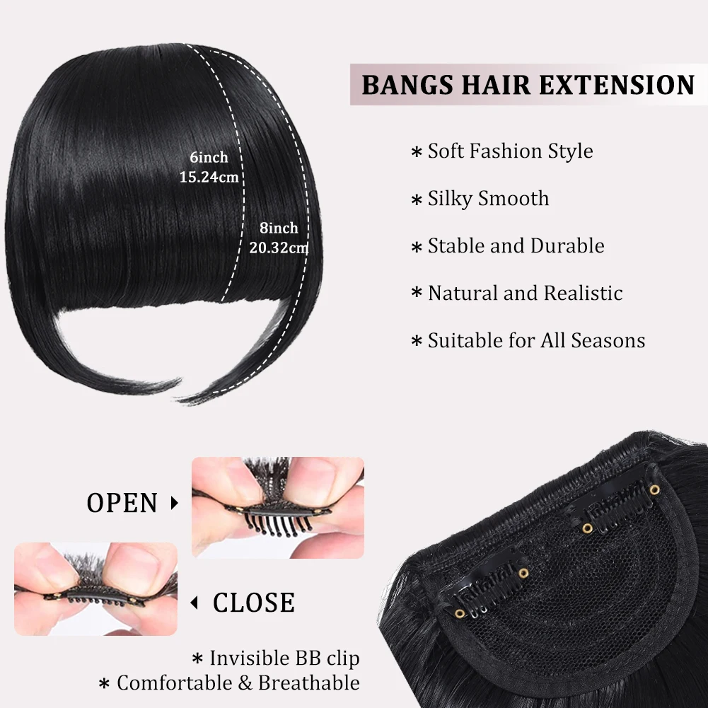 Bangs Hair Synthetic Extension Clip in Bangs 고품질 플랫 뱅(템플 포함) 6인치 전면 뱅(여성용) 소녀용 일상