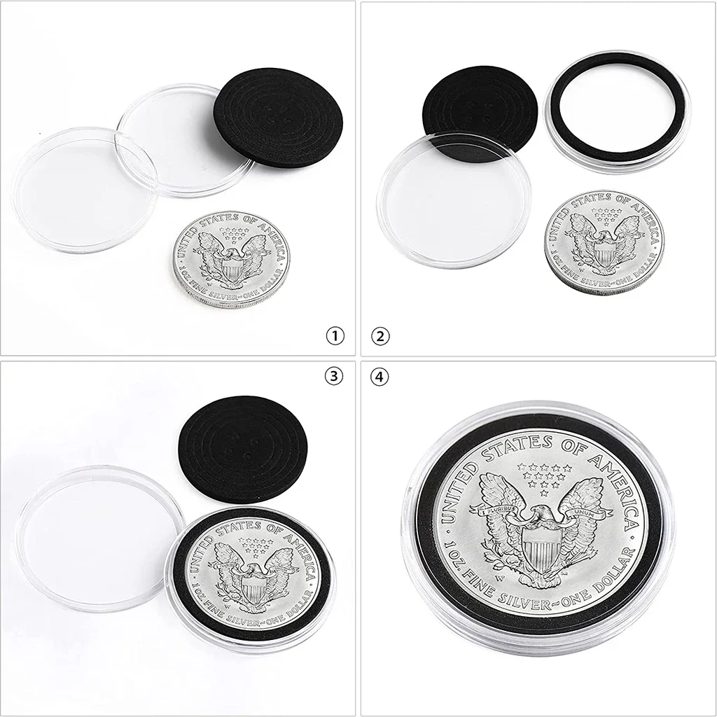 10PCS Transparent Plastic Coin Capsule Case Storage Holder with Black Gasket for 16/20/25/27/30/35/40/46mm Dia. Coin Organizer