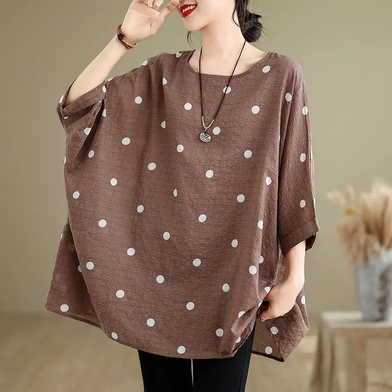 

New Arrival Summer Arts Style Women Batwing Sleeve O-neck Loose Tee Shirt Polka Dot Cotton Linen Casual T-shirt Femme Tops