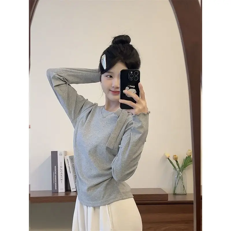 Pure Color Long Sleeve Women's T-shirt  Knot Short Design Sensation Sweet Waist Inward Initial Autumn New Style