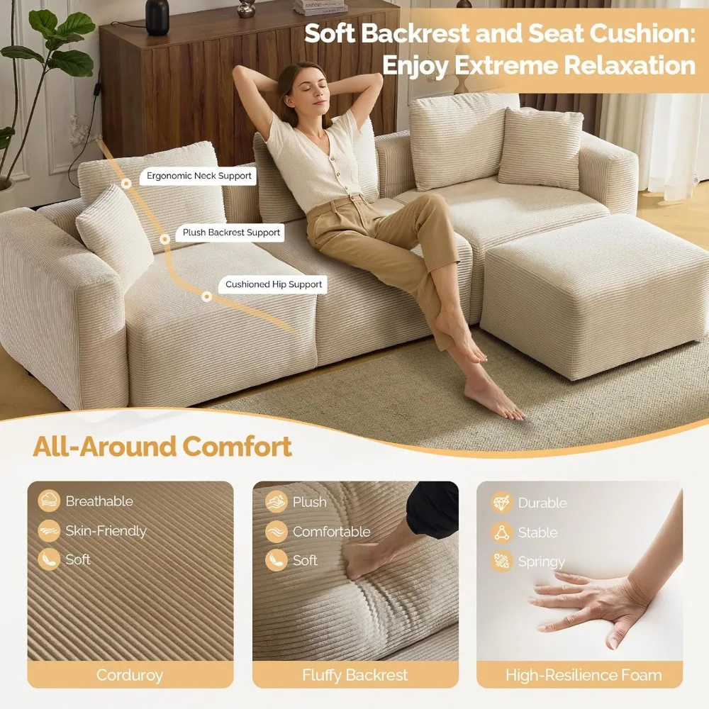 Трансформируемый вельветовый секционный диван с подвижным пуфиком, L-образный диван для гостиной, идеально подходит для удобного сидения.