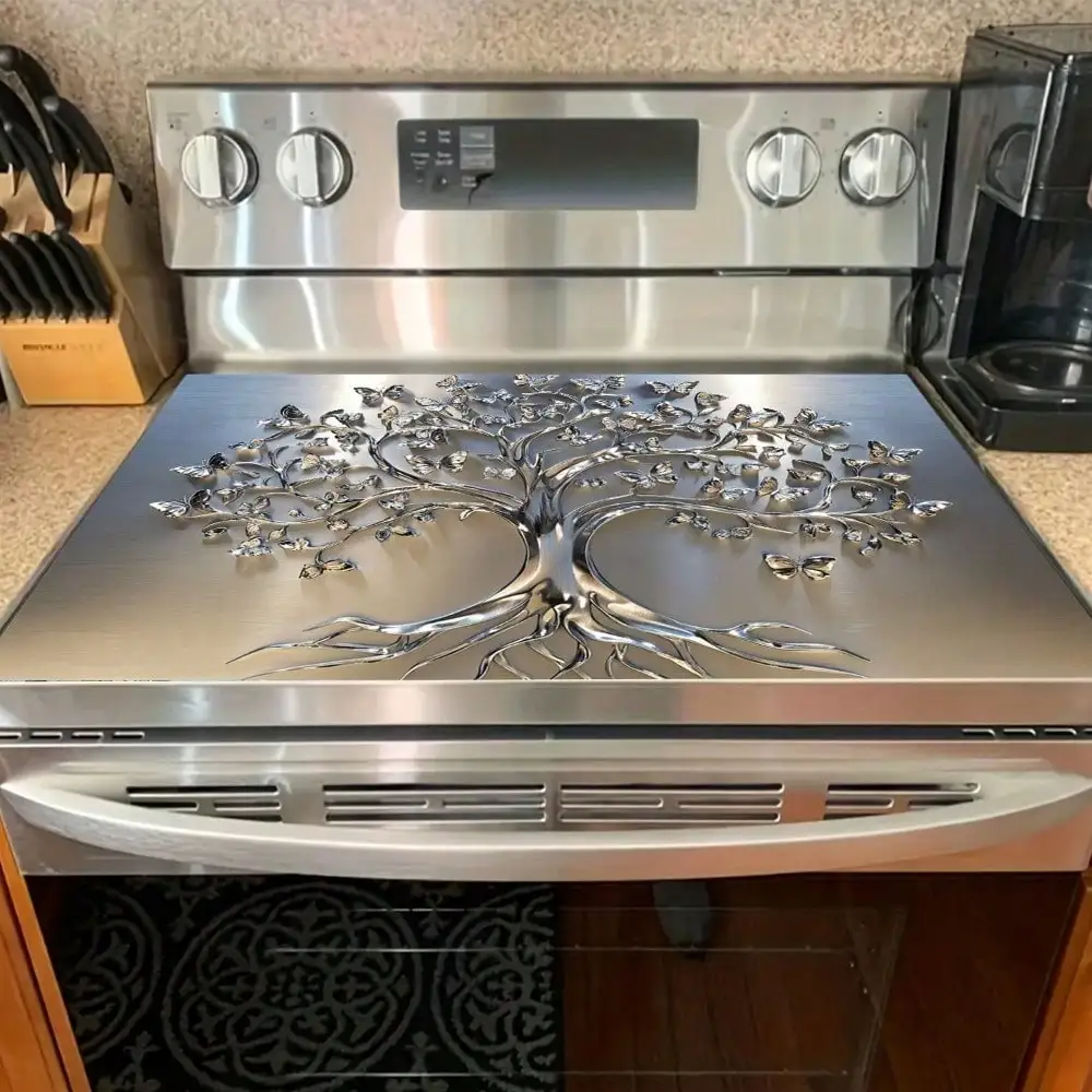 2D Flat Stove Cover Mat - Classic Tree Design with Intricate Branches & Leaves, Durable Rubber Table Protector for Kitchen Decor