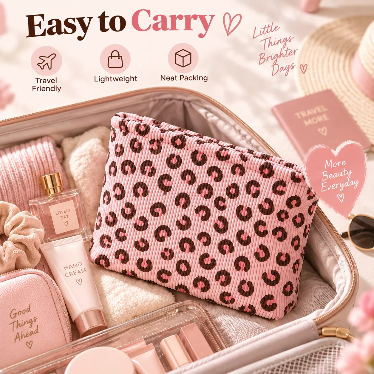 Corduroy Makeup Bag with Pink and Brown Leopard Print Rectangular Cosmetic Organizer for Daily Use and Dressing Table Storage