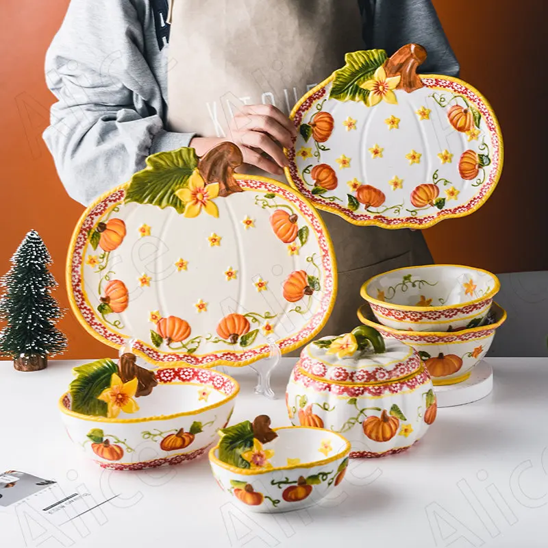 Creative Ceramic Plate Living Room Desktop Pumpkin Relief Dessert Organizer Simplicity Fruit Salad Plates Kitchen Tableware