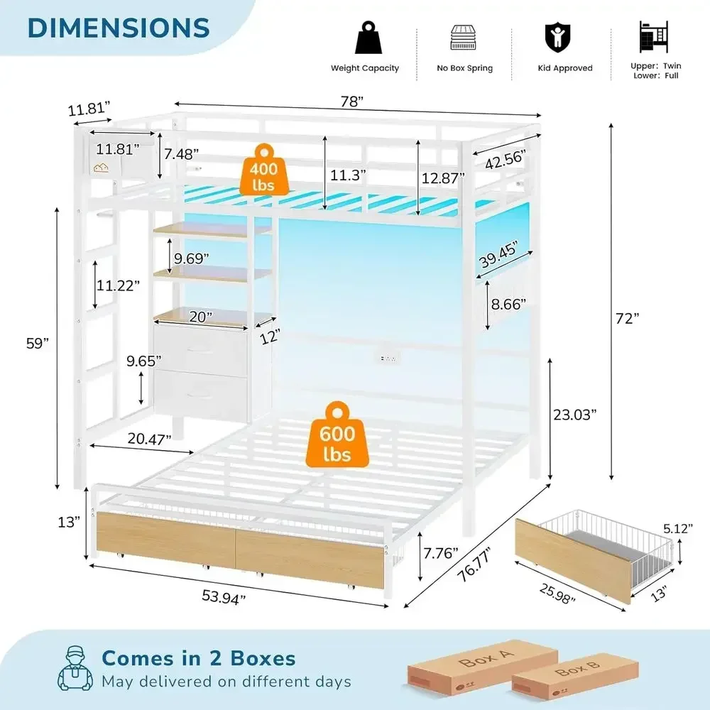 Twin Over Full Bunk Bed with Storage Drawers, Bookshelf, LED Lights, Charging Station, Safety Rail, and Ladder for Kids, Teens,