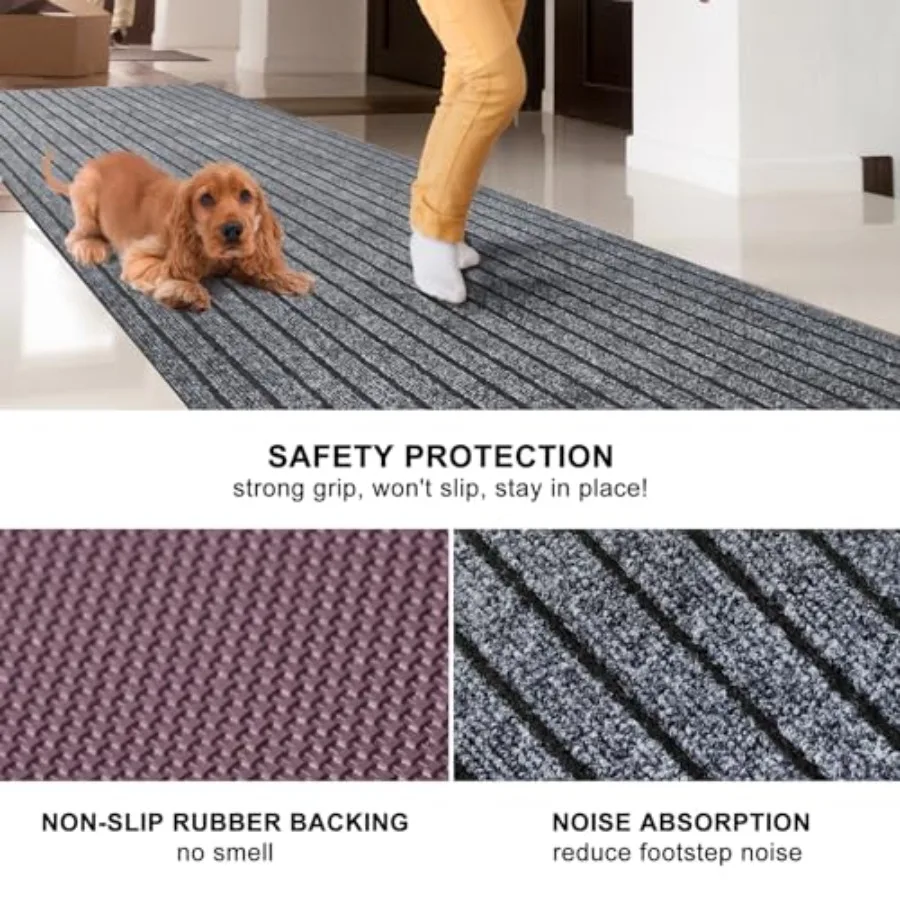 Outdoor runner rug for patios and decks, polypropylene material, gray color, non-slip rubber backing for safety and durability