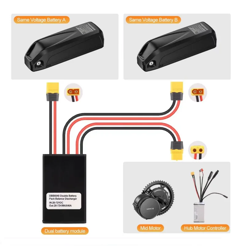 Electric Bike Dual Battery Discharge Converter 24-72VDC Dual Battery Pack Switch Balancer Double Parallel Module with XT90 P