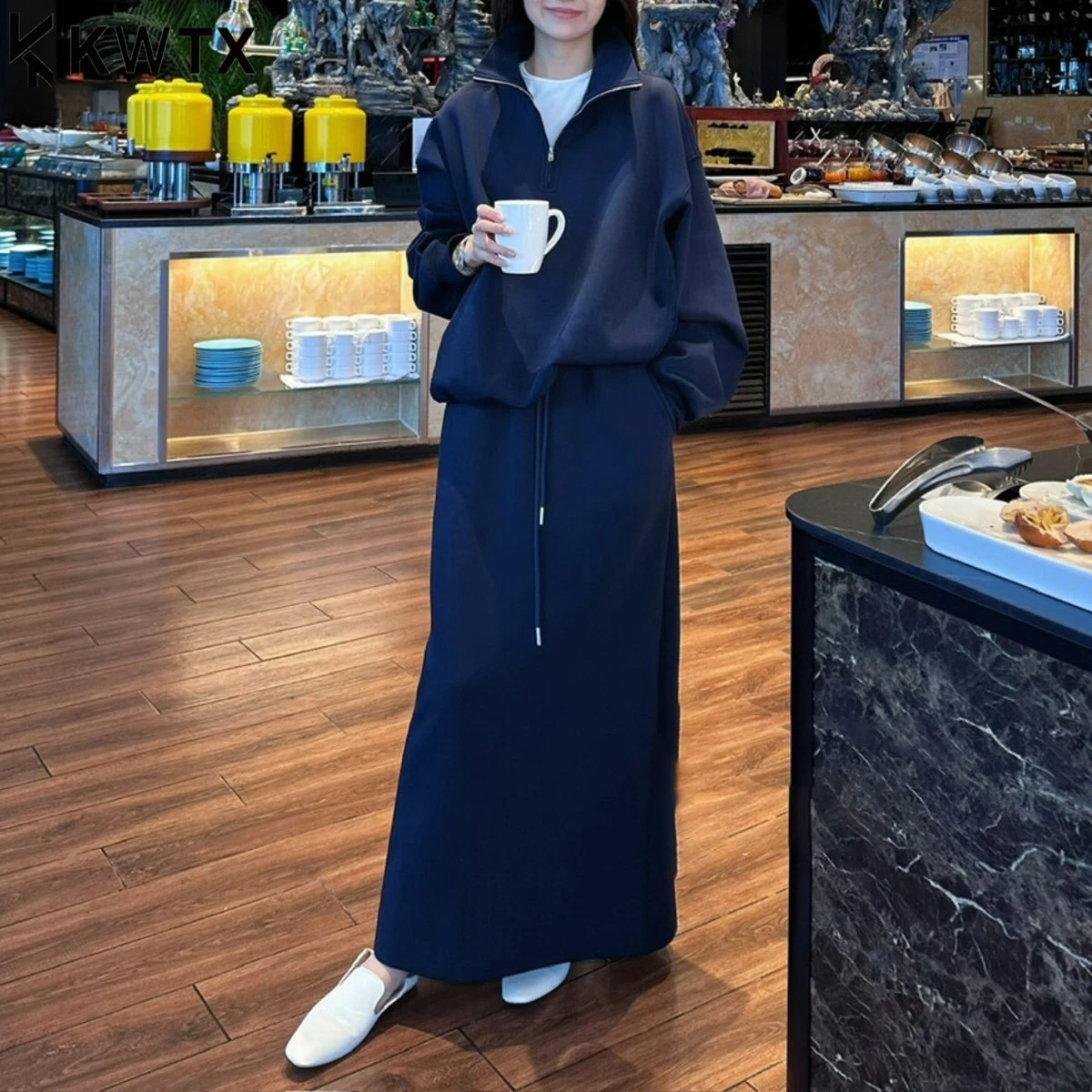 

KWTX 2025 New Jacket Skirt Set Solid Color Zip-Up Stand Collar Elegant Retro Minimalist Cozy Casual Autumn Winter Women Outfit