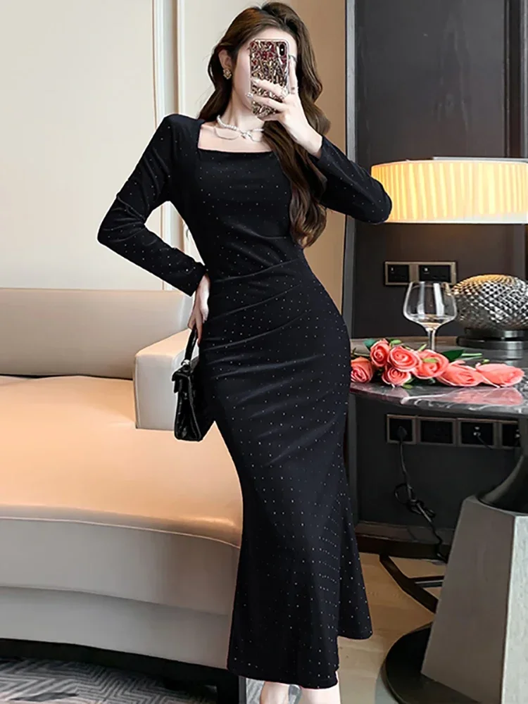 Autumn Winter Red Diamonds Velvet Luxury Prom Dress Korean Elegant Festival Party Dress for Women 2024 Fashion Bodycon Vestidos