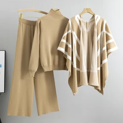 Women Knitted New Spring Fashion Three Piece Set fCasual Pullover Sweater  +stripe Shawl + Wide Leg Pants Outfits