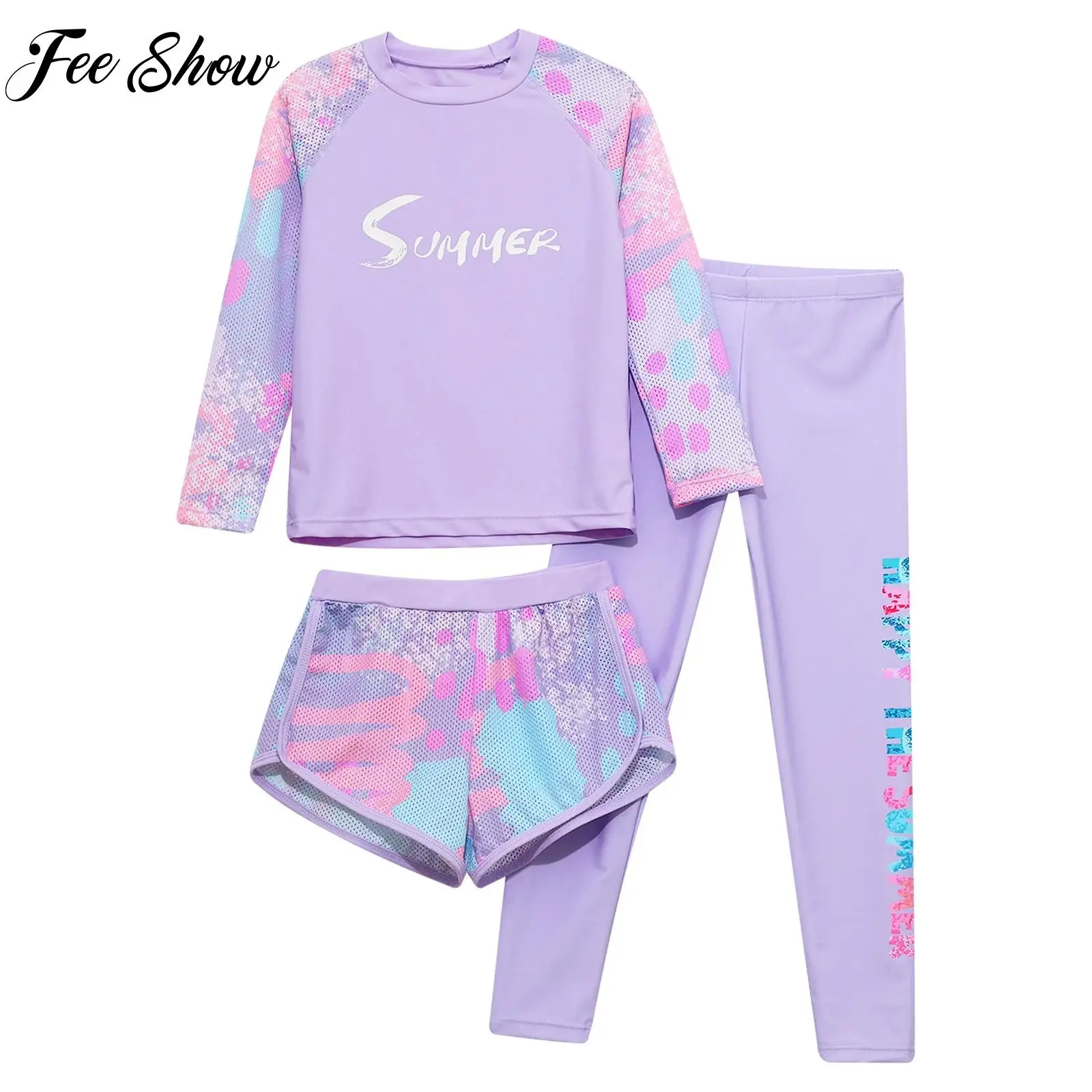 

3Pcs Kids Girls Quickly Dry Sport Swimsuit Long Sleeve Print Floral Rash Guard Tops+ Shorts with Legging Set Swimwear Beachwear