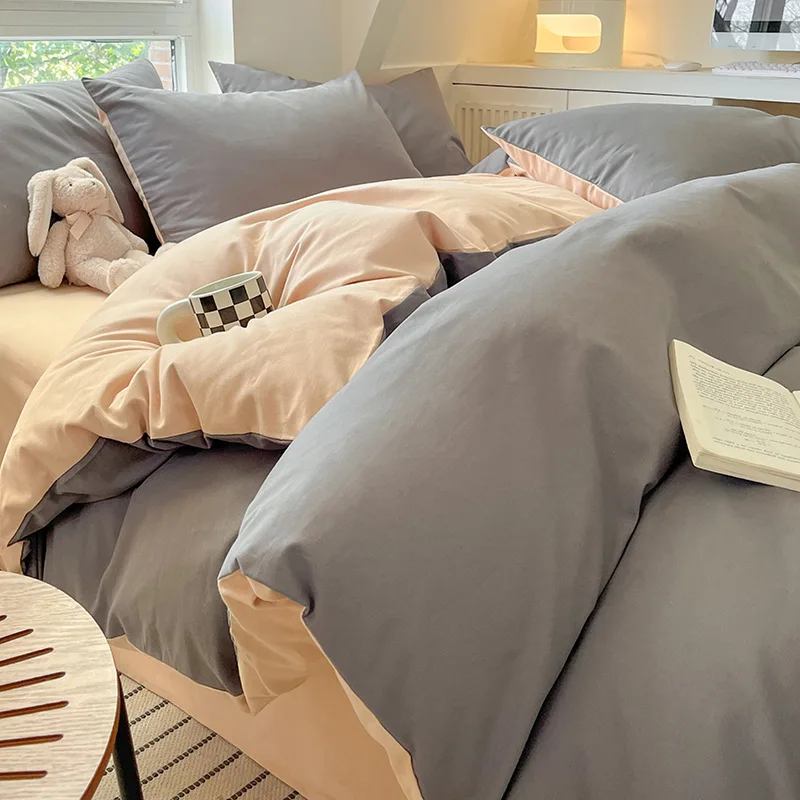 Japanese Style Washed Cotton Solid Color Bedding Set Thickened Brushed Duvet Cover Sheet Student Dormitory 3 4 Piece Set