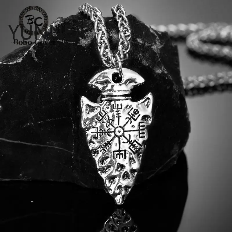 Men Viking Spear Compass Necklaces Norse Runes Amulet Helm of Awe Vegvisir Pendant Stainless Steel/Genuine Leather Chain Jewelry