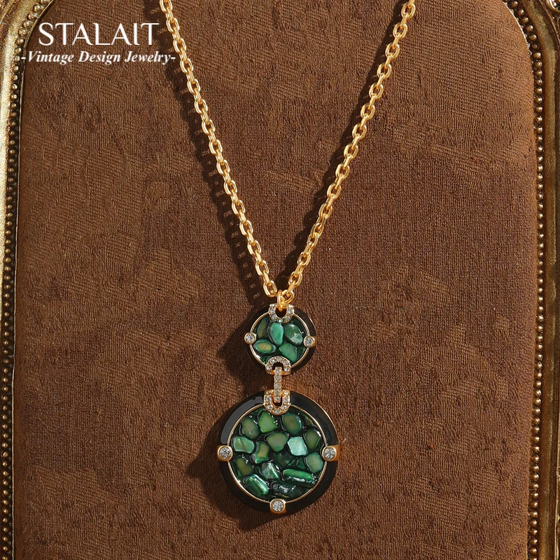 

Vintage Green Shell Stone Pendants And Necklaces Luxury Designer Jewelry Black Drip Oil Rhinestone Gold Color Valentine Day Gift