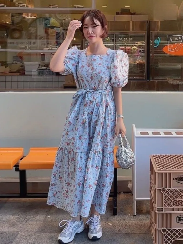 

Chic Summer Floral Print Dr Women's Square Collar Bubble Sve Waist Cinched Slimming Hemline Bow Tie Casual Dr