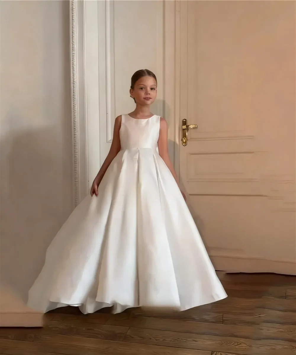 Elegant Flower Girl Wedding Dress Stain Sleeveless with Bow Child Kids First Communion Birthday Gown vestidos de novia comunión