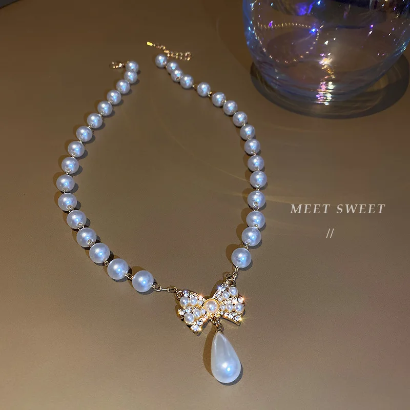 Korean Fashion Rhinestones Shiny Beautiful Pearl Bow Necklace for Women Beaded Necklace Wedding Party Luxury Jewelry Gifts mujer