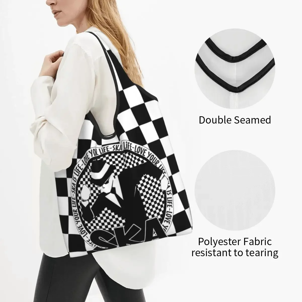 2 Tone Ska Checkerboard Grocery Bags Durable Large Reusable Foldable Two Tone Music Ska-rock Check Rocksteady Shopping Tote Bag