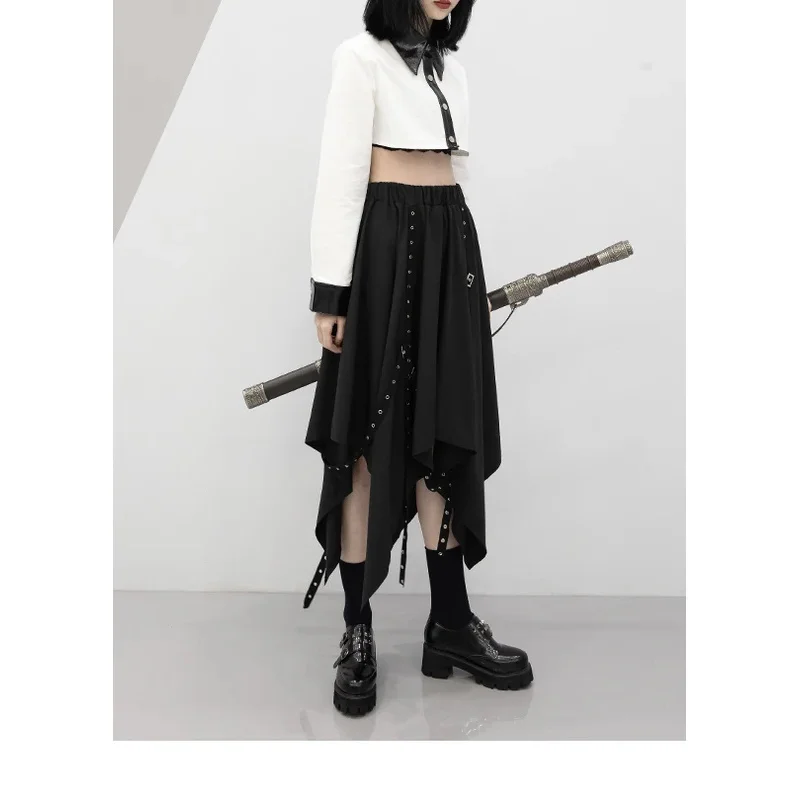 Irregular Skirt Girl's New Dark Tie Street Punk Wind Weave Buckle Medium-length Y2k Gothic Long Skirt