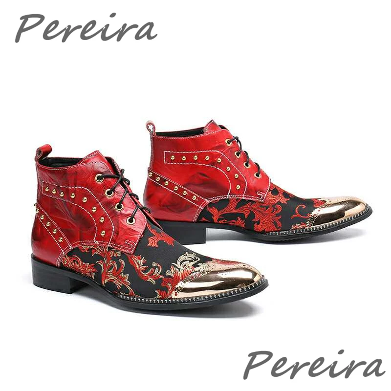 Red Patchwork Lace-Up Men Boots Metal Round Toe Rivets Genuine Leather Chelsea Boots Fashion Party Banquet Wedding Dress Shoes