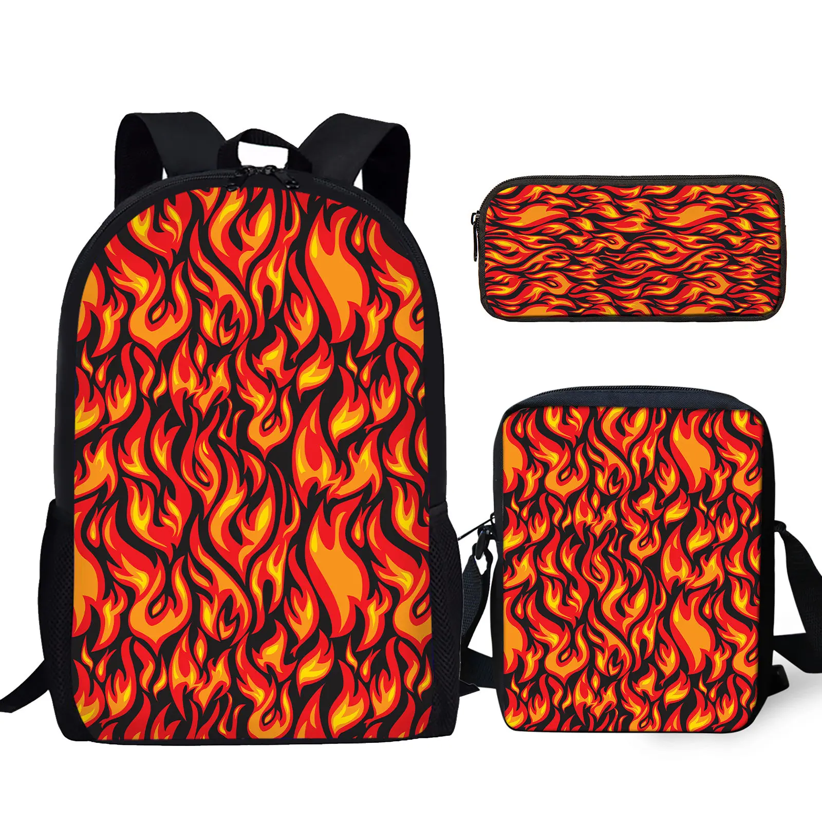 Cool Cartoon Flame Design Brand Large Capacity Backpack Messenger Bag Pencil Case Teen Casual Fashion Outdoor Travel Knapsack