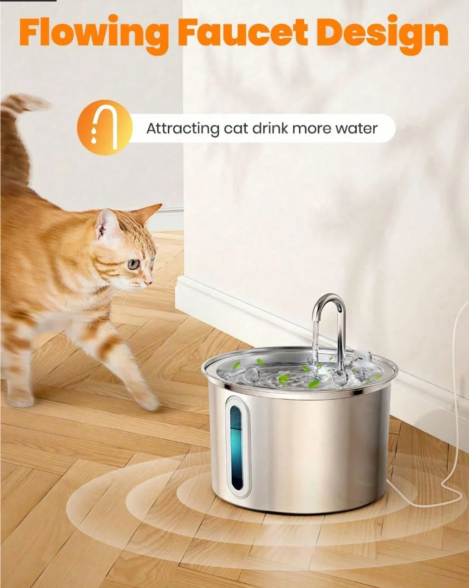Stainless Steel Automatic Pet Water Fountain Dual Bowl 3L 101oz USB Charge Drinking Dispenser with Water Level Window