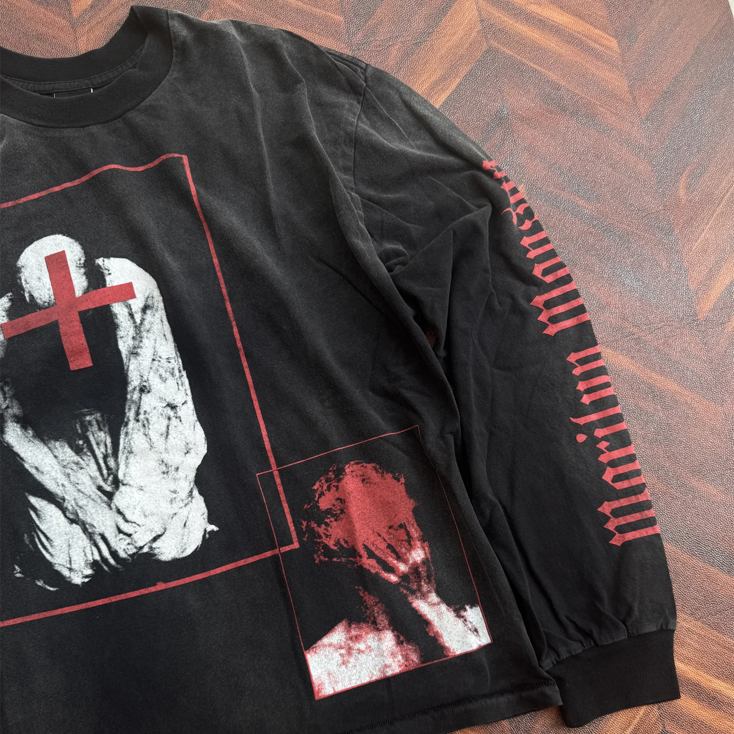 26SS SMX6 Old Carbon Ash Vintage Long Sleeves Tee Manson Joint Name Casual Oversize Tops T Shirt