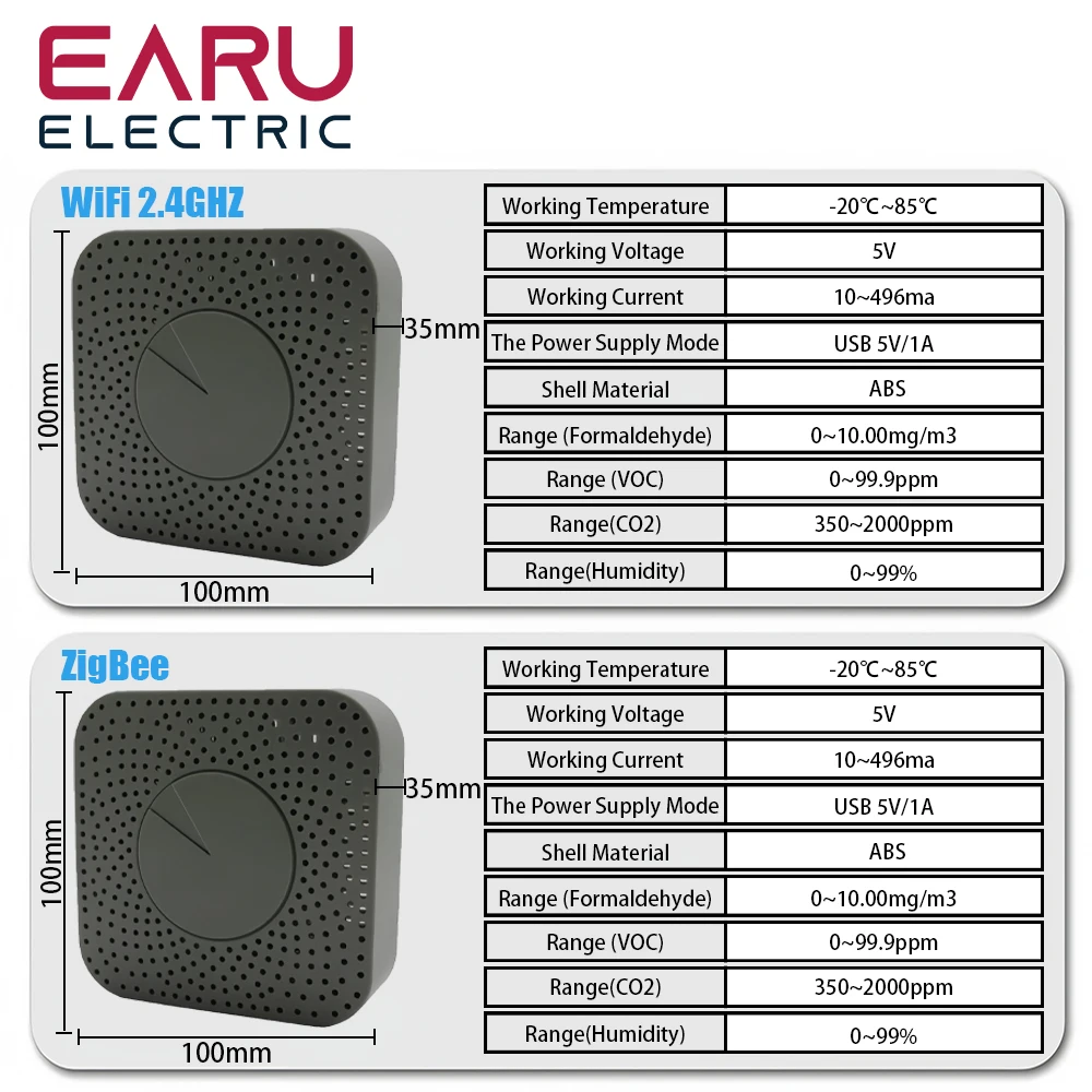 جهاز استشعار صندوق الهواء الذكي Tuya Zigbee WiFi ، الفورمالديهايد VOC ، ثاني أكسيد الكربون ، درجة الحرارة ، الرطوبة ، 6 في 1 ، فحص جودة الهواء ، إنذار DB مع Alexa