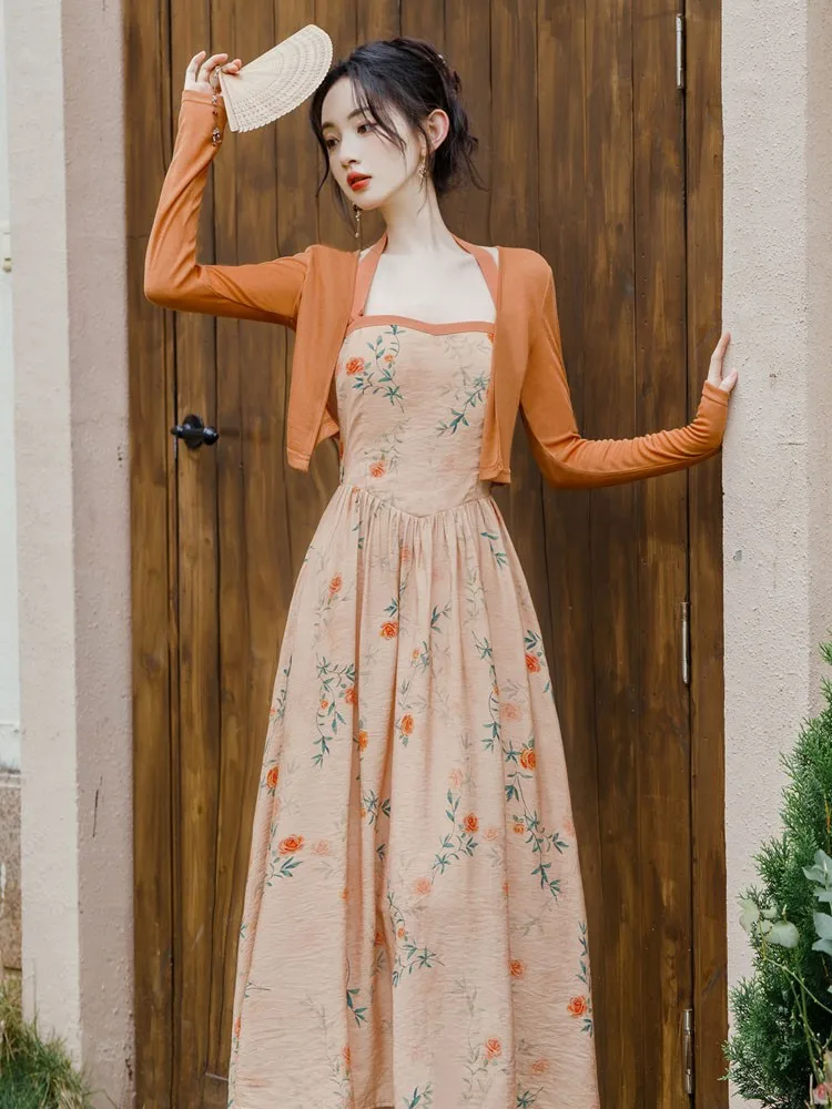 2026 Autumn New Chinese Style Cardigan with Exquisite Oil Painting Floral Halter Neckline Dress Outfit Set