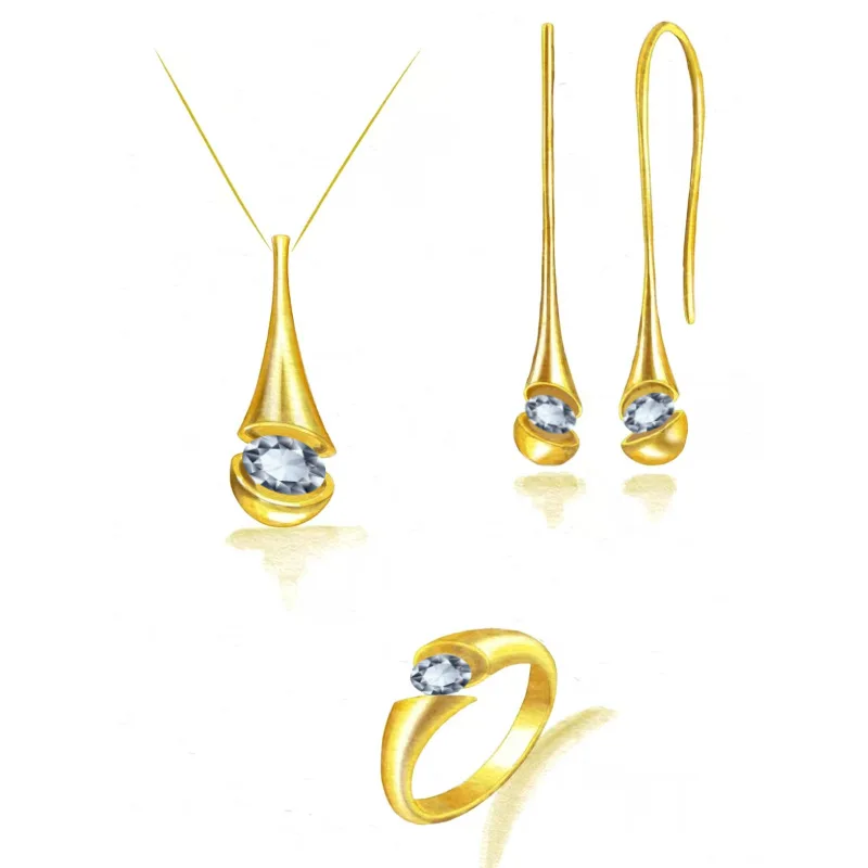 

American high-end women's light luxury niche 24k gold three-set design necklace earring ring jewelry set AU999 diamond inlay