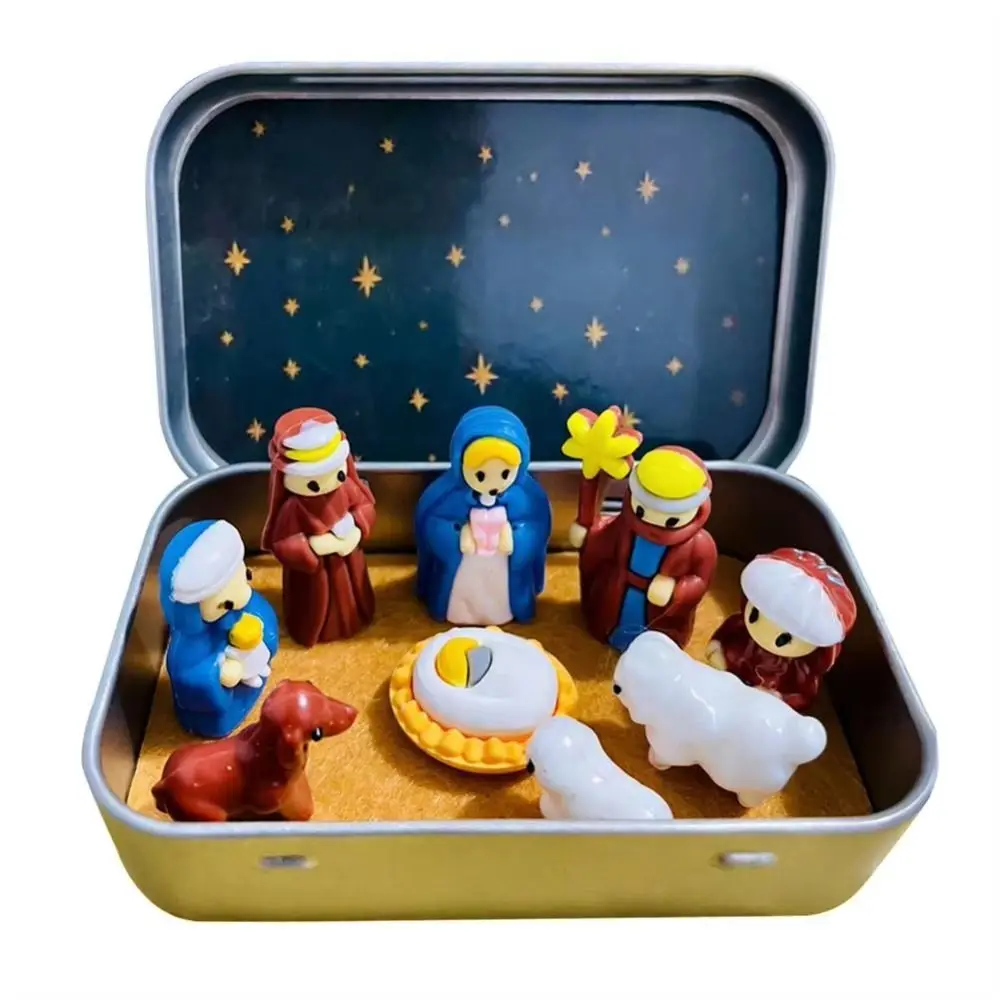 PVC Christmas Nativity Set Mini Size Tin Box Packaging Resin Scene Figurine Horse Trough Design Miniature Scene Figurine