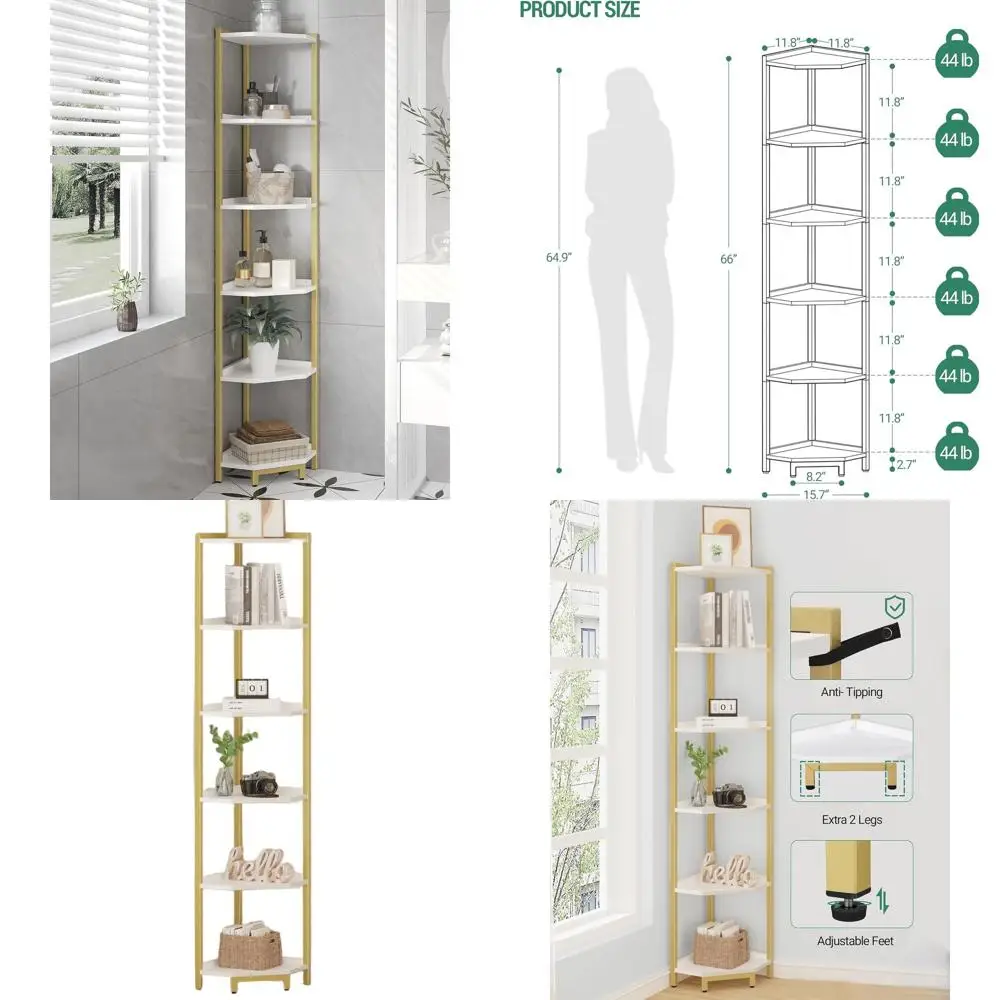 

6-ярусная металлическая подставка для растений и книжная полка белого цвета с золотистыми элементами для гостиной, домашнего офиса и спальни