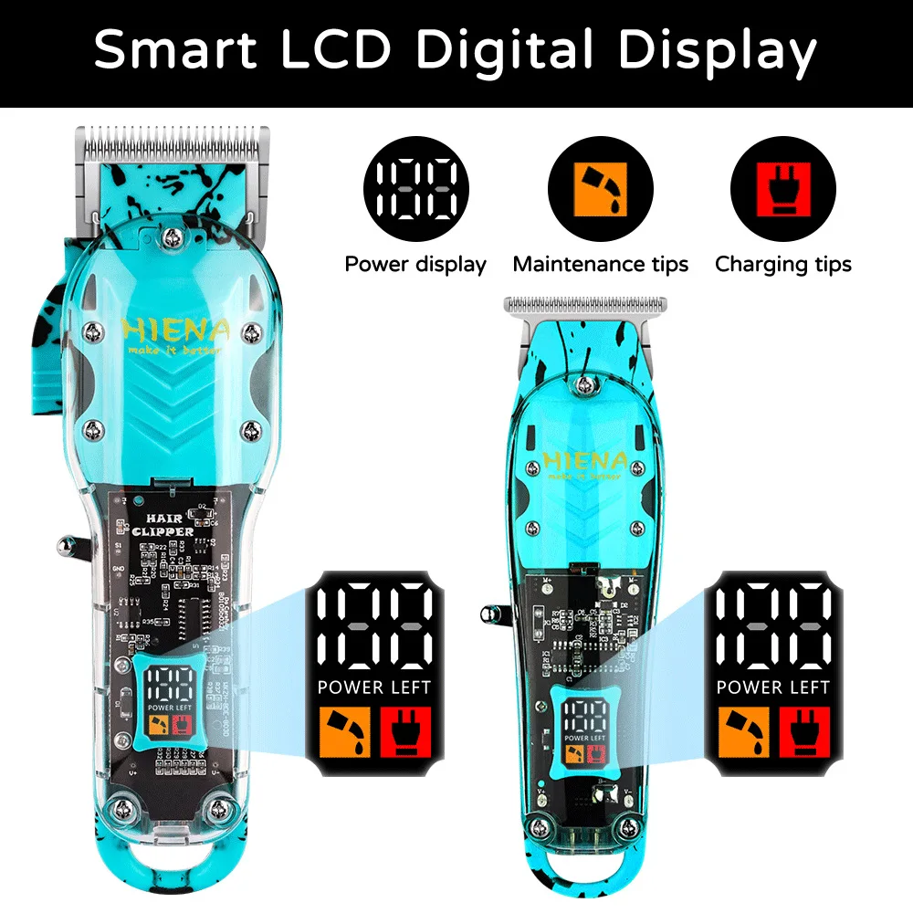 

Профессиональная машинка для стрижки волос HIENA, 2 шт., набор, интеллектуальный ЖК-дисплей, модный прозрачный триммер для волос, парикмахерские машины для стрижки волос