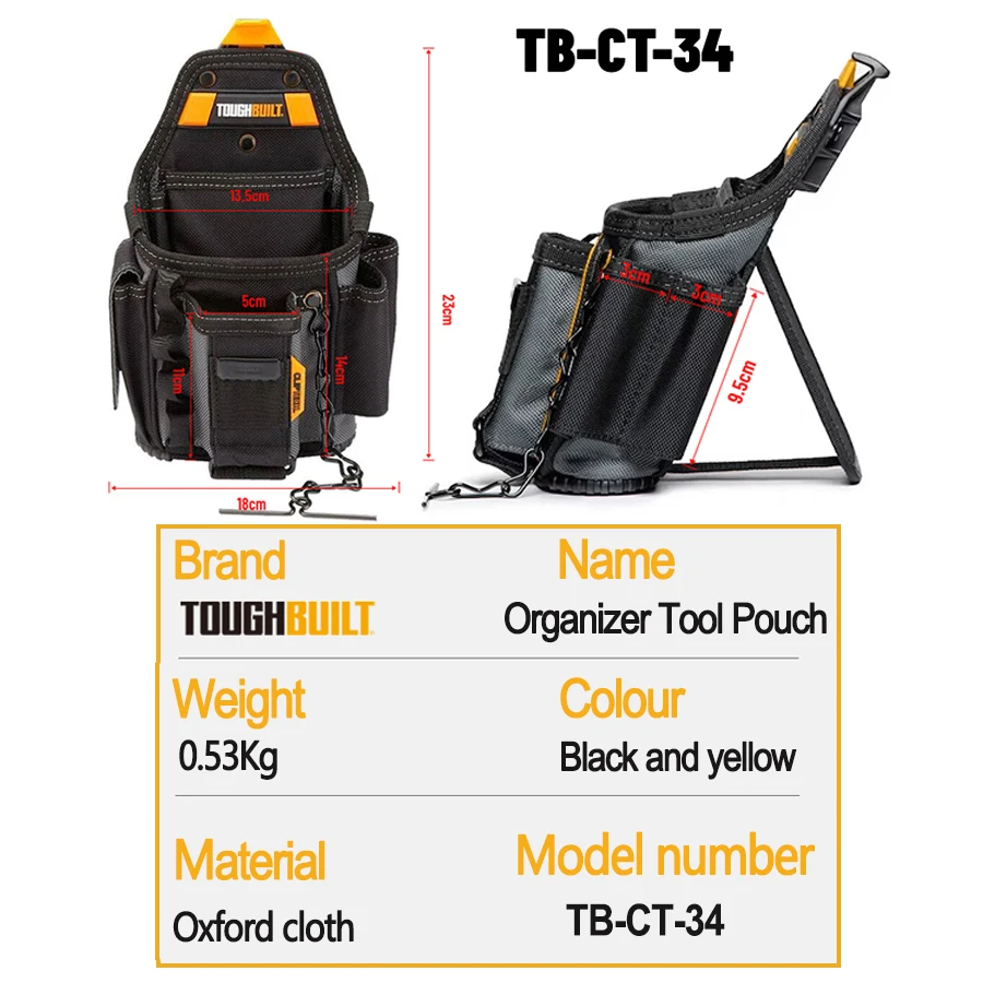 ToughBuilt TB-CT-34 Small Electricians Pouch for Tool Belt 13 Pockets and Loops Black-Duty Construction