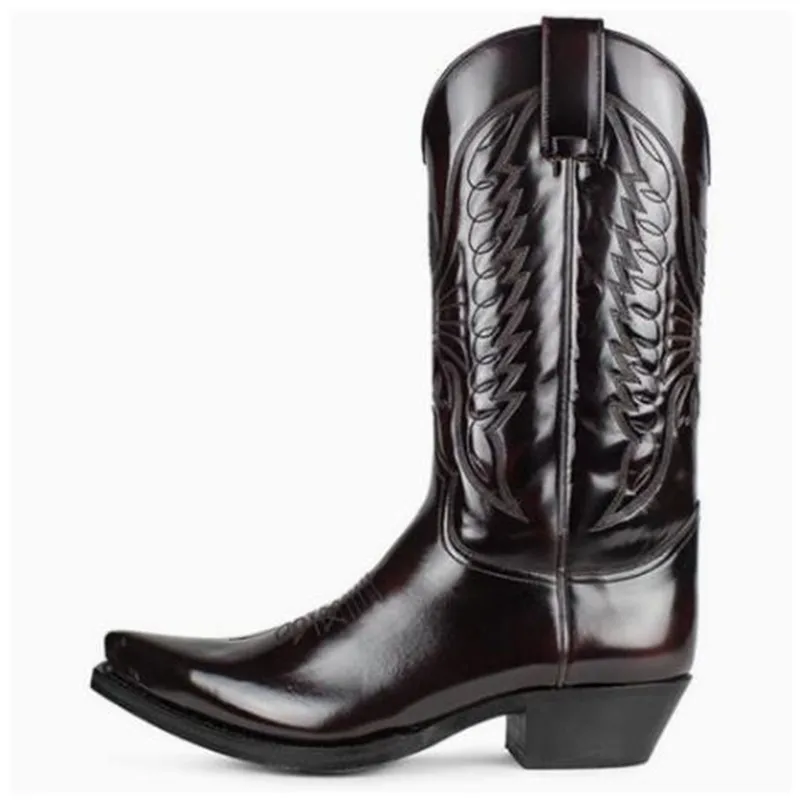 New Men Western Cowboy Boots Unisex Embroidered High Boots Retro Pointed Toe Platform Leather Shoes Slip on Men Mid-calf Boot