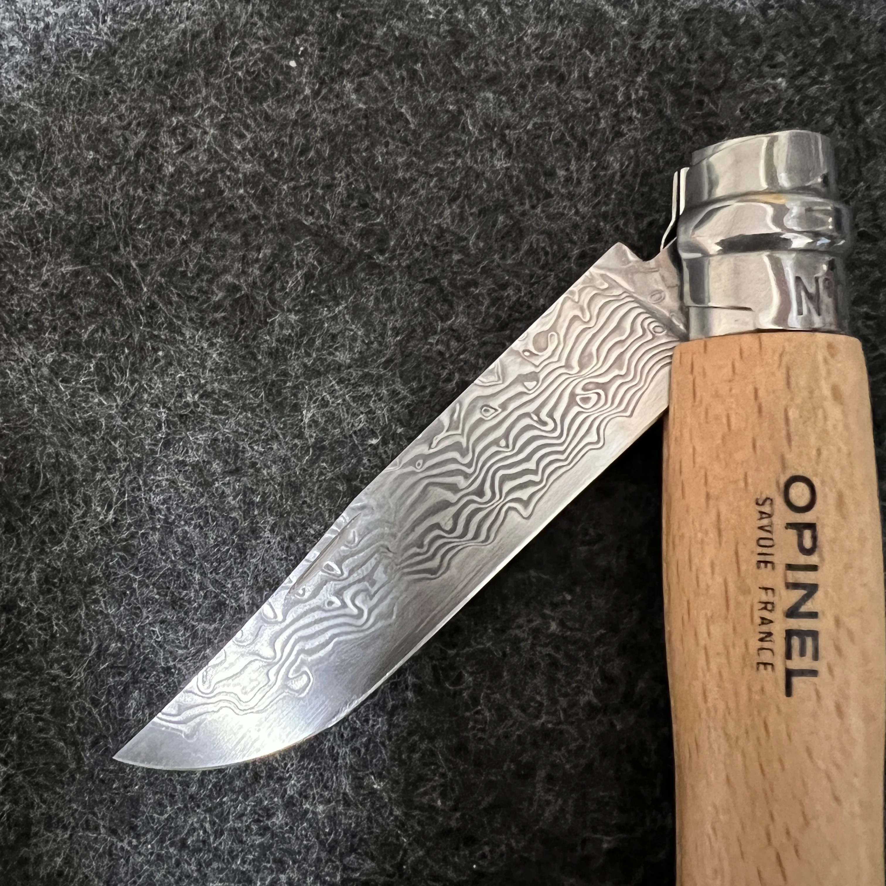 Hecho de hoja reemplazable de acero damasco con núcleo VG10 para Opinel No.8 # 8 accesorios de bricolaje para cuchillos plegables