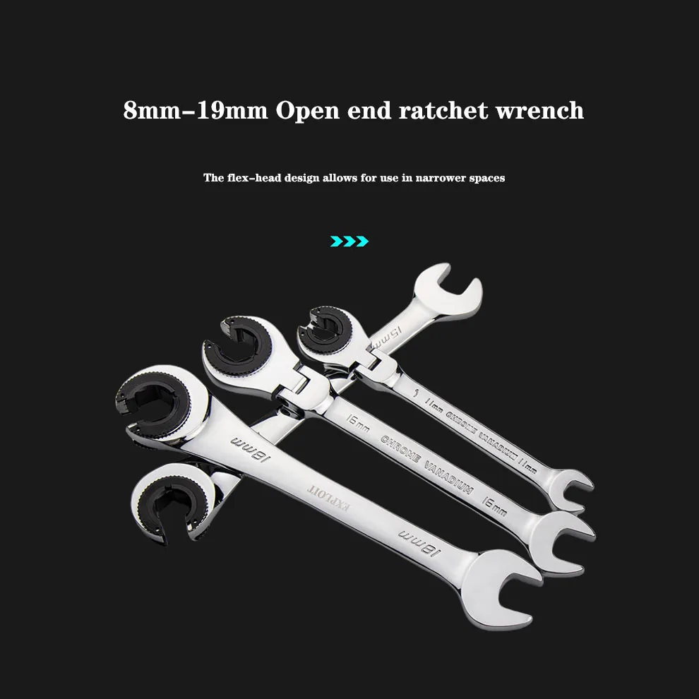 Tubing Ratchet Wrench 8mm-19mm Flex-head Metric Open End Wrenches 72 Gear Fast Multi-size Socket Wrench Set