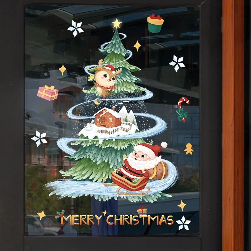 2026 Christmas Window Stickers Santa Claus Xmas Tree Cartoon Glass Decal Merry Christmas New Year Holiday Decorations for Home