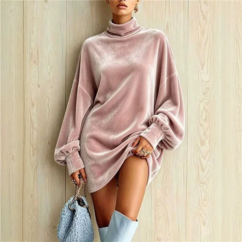 Autumn Women's Velvet Elegant Mini Party Dress Solid High Neck Lantern Sleeve Loose Fashion French Dress Female Chic Dresses