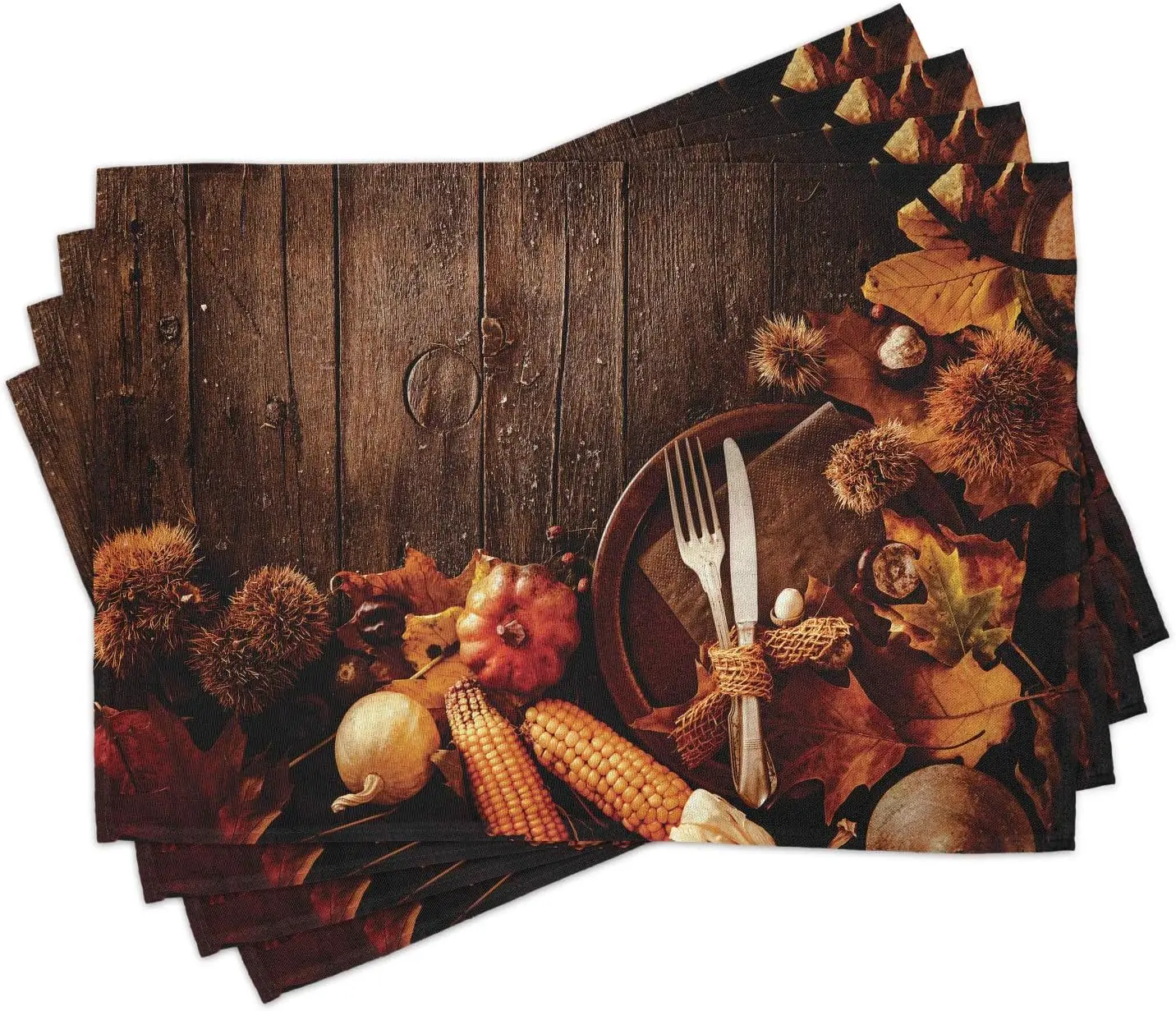 

Fall Thanksgiving Place Mats Set of 4 Special Dinner Preparations Cottage Theme Plate Cutlery Foliage Wood Washable Fabric