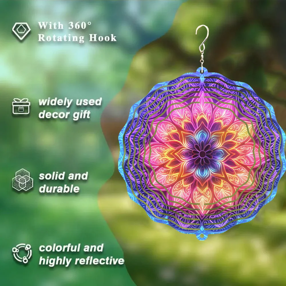 Mandala Wind Chime 360° Rotating Hook Dynamic Art Garden Decor, Unique Design Gift for Teacher Thanksgiving Halloween, 9.84in X